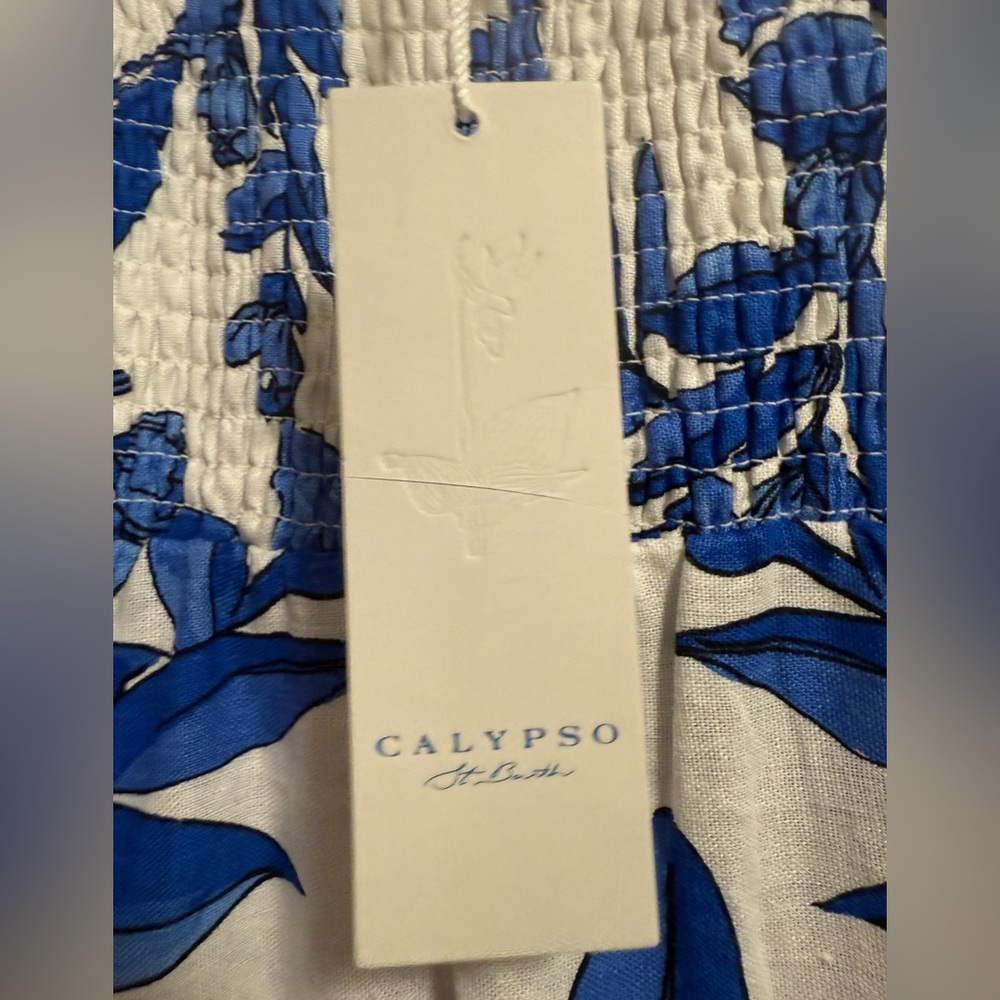 CALYPSO ST. BARTH Resortwear Beach Linen Blend Tropical Dress Blue/White - Picture 14 of 16